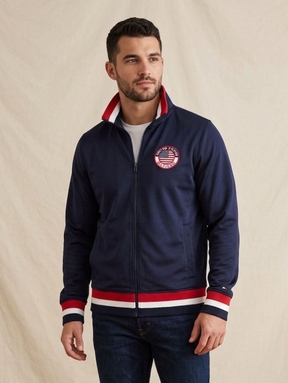 Tommy Hilfiger Sport USA Track Jacket Navy Blue Embroidered Large